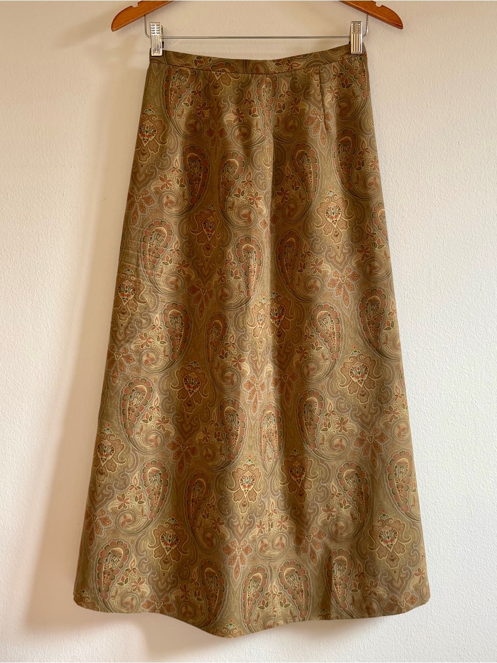 J.Press Vintage Style Paisley A-Line Midi Skirt Olive Green, Size XS